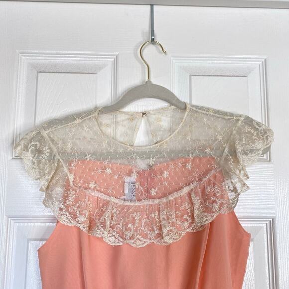 Vintage 70s Dessy Creations Peach Lace Maxi Dress Long Gown Size 8 Retro Formal - Picture 5 of 7